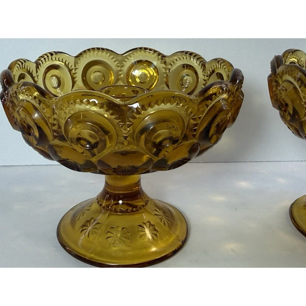 Vintage LE Smith Amber Moon and Star Glass Candle Holder Footed Compote Bowl Lot